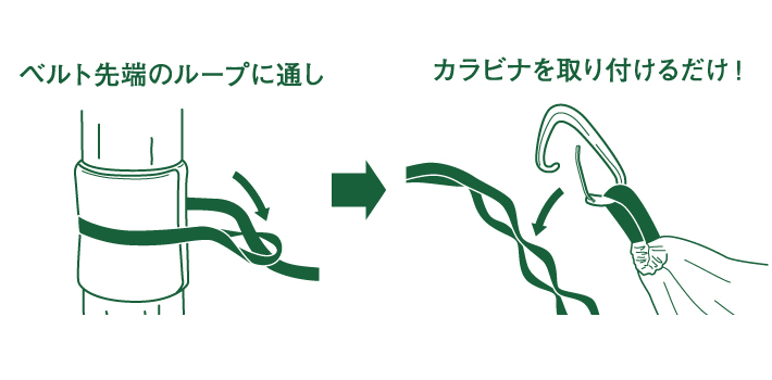 木の幹にベルトを巻くだけで、簡単セットアップ